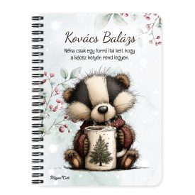   Személyre szabható - Cuki téli borz egy kávéval mintás A6-os füzet