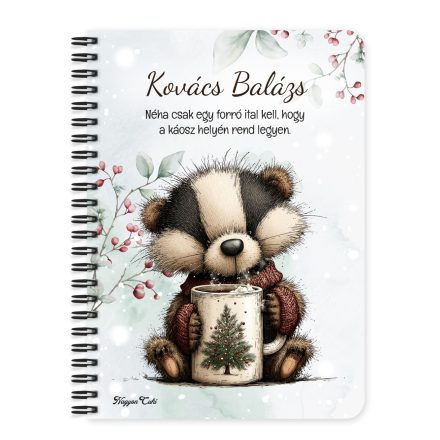 Személyre szabható - Cuki téli borz egy kávéval mintás A6-os füzet