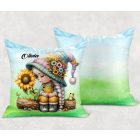 Névvel kérhető - Napraforgós manó lány cuki békával mintás párna