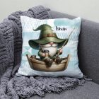 Névvel kérhető - Csónakos horgász manó és kávé mintás párna