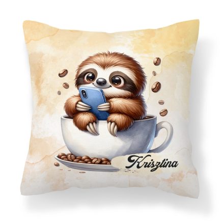 Névvel kérhető - Telefonozós Kávés lajhár mintás párna