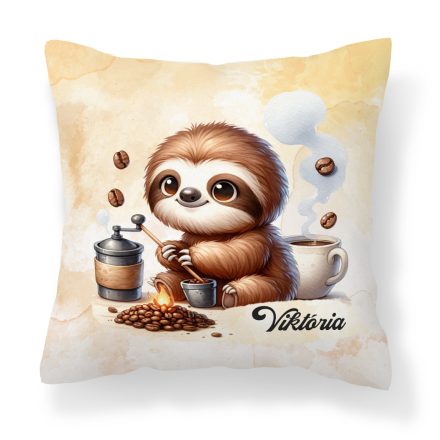 Névvel kérhető - Kávés lajhár és frissen pörkölt kávé mintás párna
