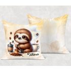 Névvel kérhető - Kávés lajhár és frissen pörkölt kávé mintás párna