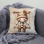 Névvel kérhető - Hintázó kávés manó lány mintás párna