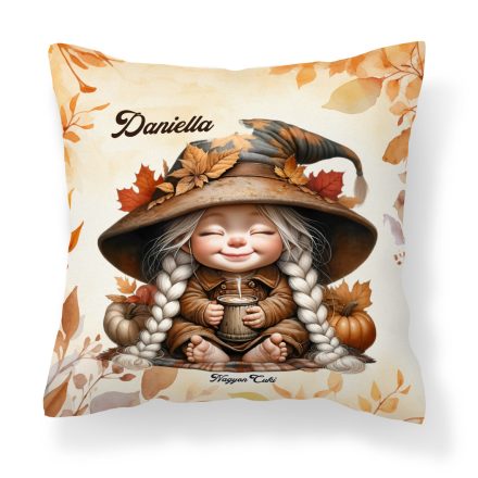 Névvel kérhető - Kávézós őszi manó lány mintás párna