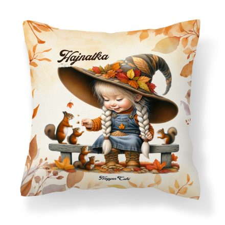 Névvel kérhető - Őszi manó lány és a mókusok mintás párna