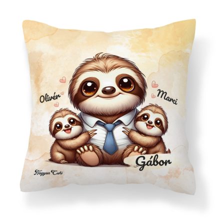 Névvel kérhető - Cuki lajhár Nyakkendős Apa és két gyerek mintás párna