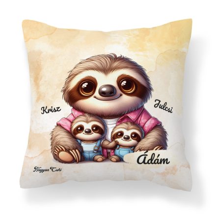 Névvel kérhető - Cuki lajhár Apa és két kis lajhár mintás párna