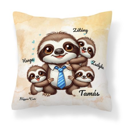Névvel kérhető - Nyakkendős Cuki lajhár Apa és három gyerek mintás párna