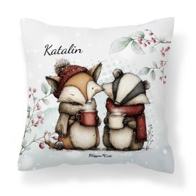   Névvel kérhető - Cuki karácsonyi róka és a borz kávéval mintás párna