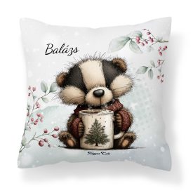   Névvel kérhető - Cuki karácsonyi borz egy kávéval mintás párna