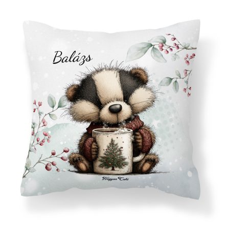 Névvel kérhető - Cuki karácsonyi borz egy kávéval mintás párna