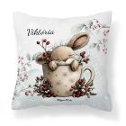 Névvel kérhető - Cuki karácsonyi nyuszi bögrében mintás párna
