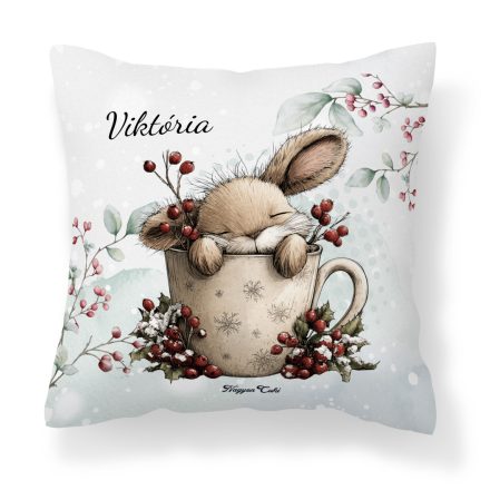 Névvel kérhető - Cuki karácsonyi nyuszi bögrében mintás párna