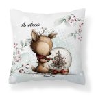 Névvel kérhető - Cuki karácsonyi őzike hógömbbel mintás párna