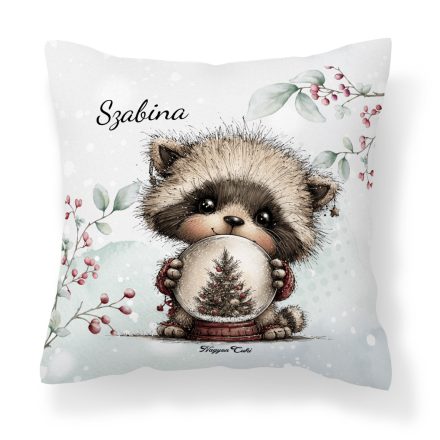 Névvel kérhető - Cuki karácsonyi mosómaci hógömbbel mintás párna