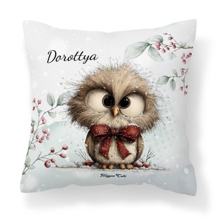 Névvel kérhető - Cuki karácsonyi bagoly nagy masnival mintás párna