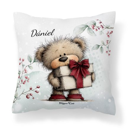 Névvel kérhető - Cuki karácsonyi maci ajándékkal mintás párna