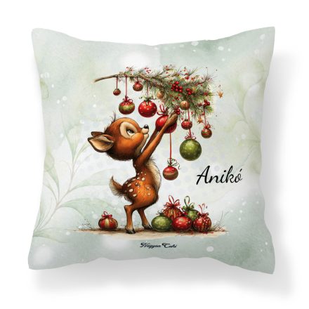 Névvel kérhető - Cuki karácsonyi őzike és a díszek mintás párna