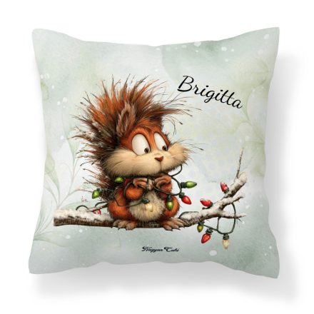 Névvel kérhető - Cuki karácsonyi mókus és az égősor mintás párna