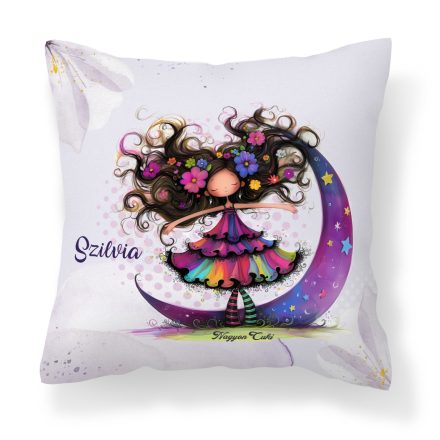 Névvel kérhető -  Bájos lila virágos tündér és a hold mintás párna