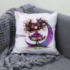 Névvel kérhető -  Bájos lila virágos tündér és a hold mintás párna