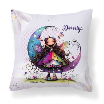 Névvel kérhető - Aranyos lila virágos tündér és a hold mintás párna