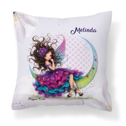 Névvel kérhető - Szépséges lila virágos tündér és a hold mintás párna