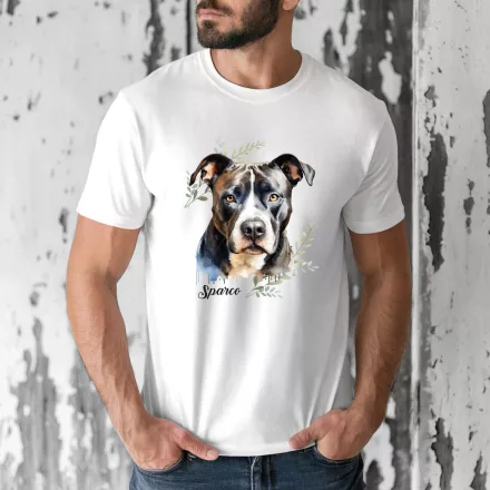 Névvel kérhető - Szürke Amerikai Pitbull terrier portré férfi póló