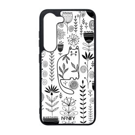 Fehér cica és fekete virágok mintás Samsung Galaxy tok