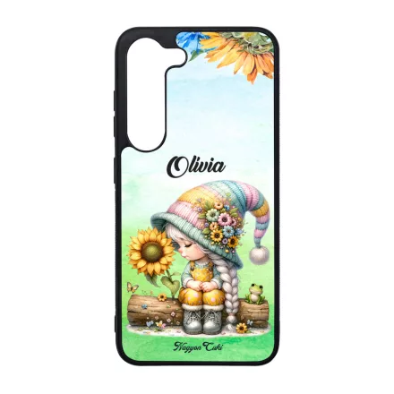 Névvel kérhető Napraforgós manó lány cuki békával mintás Samsung Galaxy tok